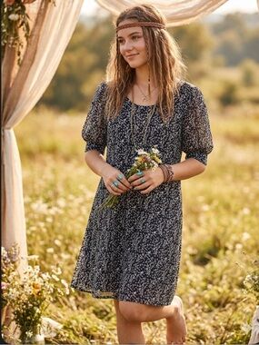 MSK Black & White Floral Sheer Puff Sleeve Shift Dress XL